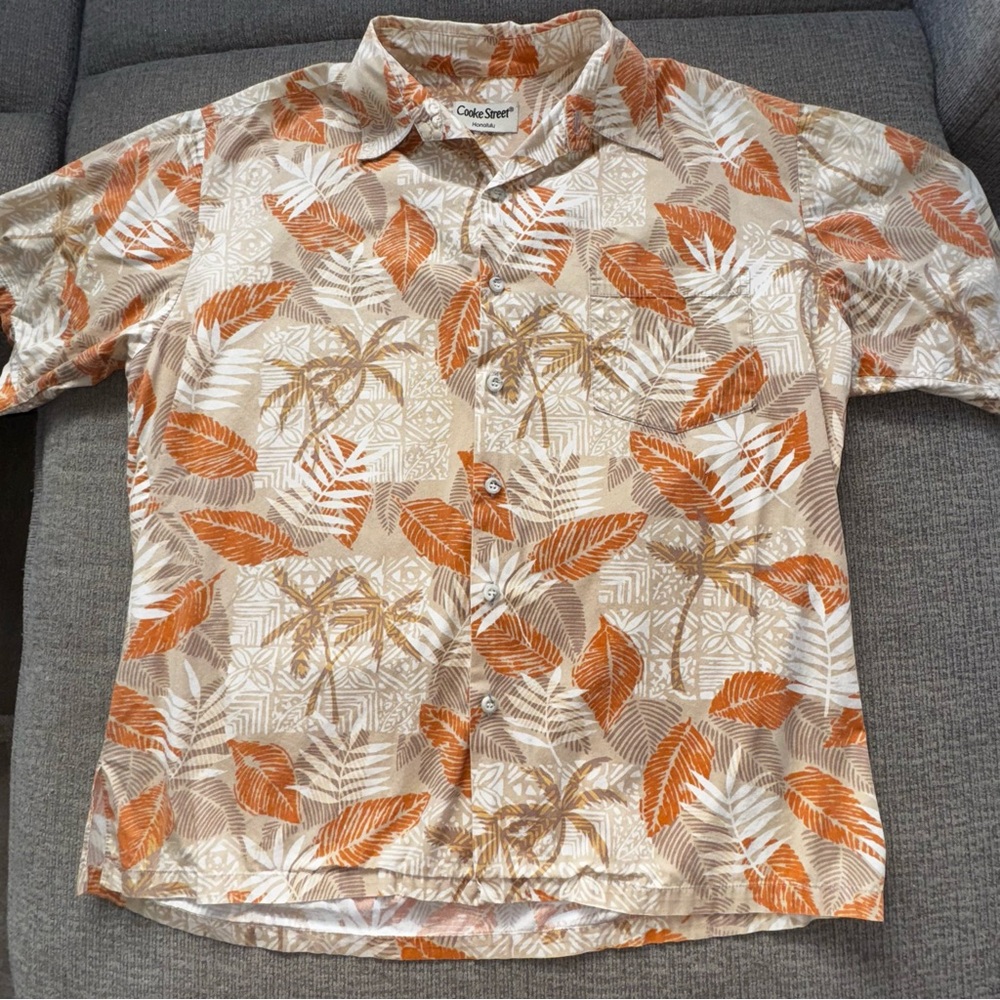 Cooke street Hawaiian Shirt Men's Large Orange Beige  Tapa Tropical Luau Cruise